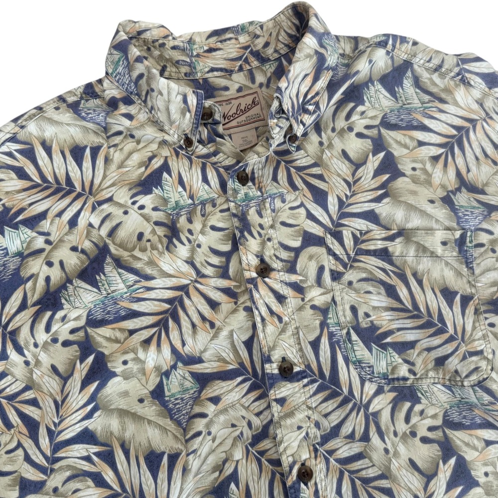 Woolrich Mens Hawaiian 2XL Tropical Leaf Sailboat Print Cotton Button Down Shirt